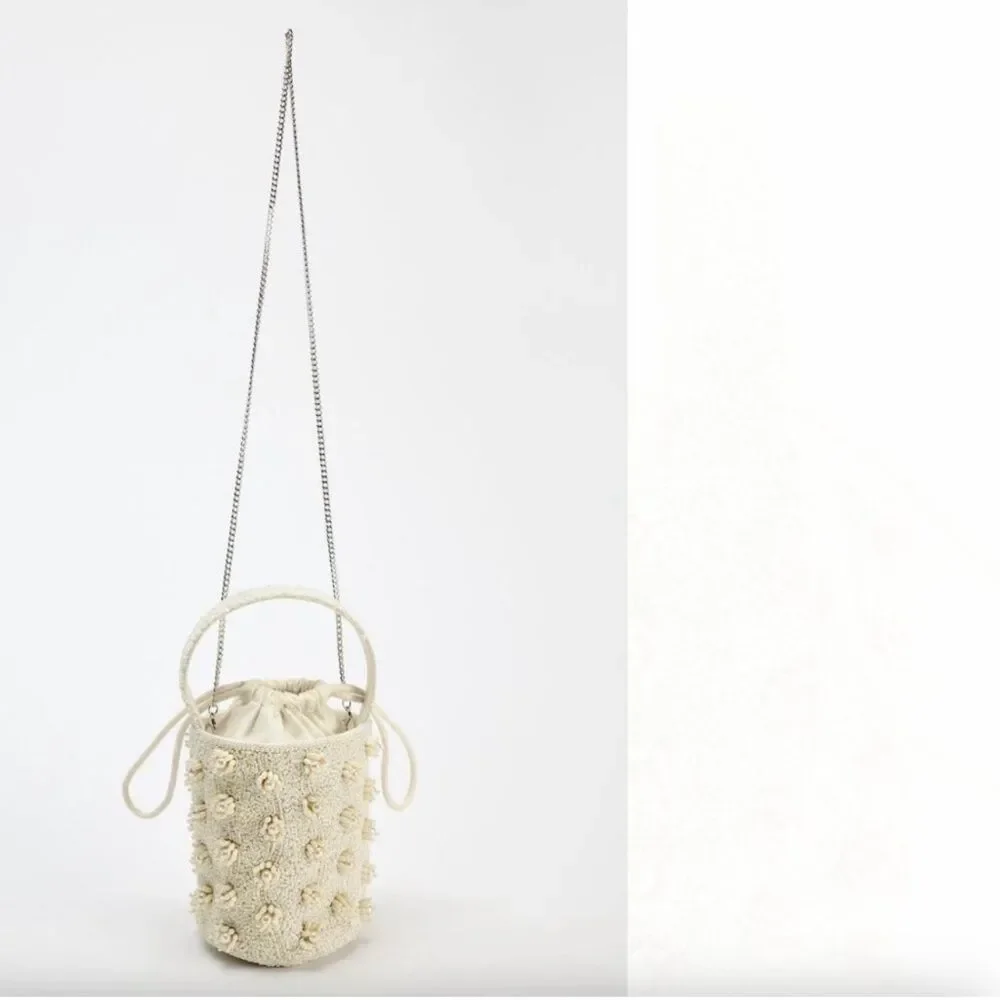 Zara Pearl Beaded Bucket Bag, Top Handle & Shoulder Chain Strap NWOT
